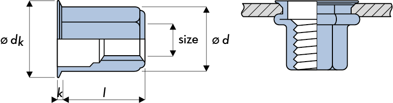 Q-Nut Blindnietmutter Stahl Vollsechskant kleiner SK offen